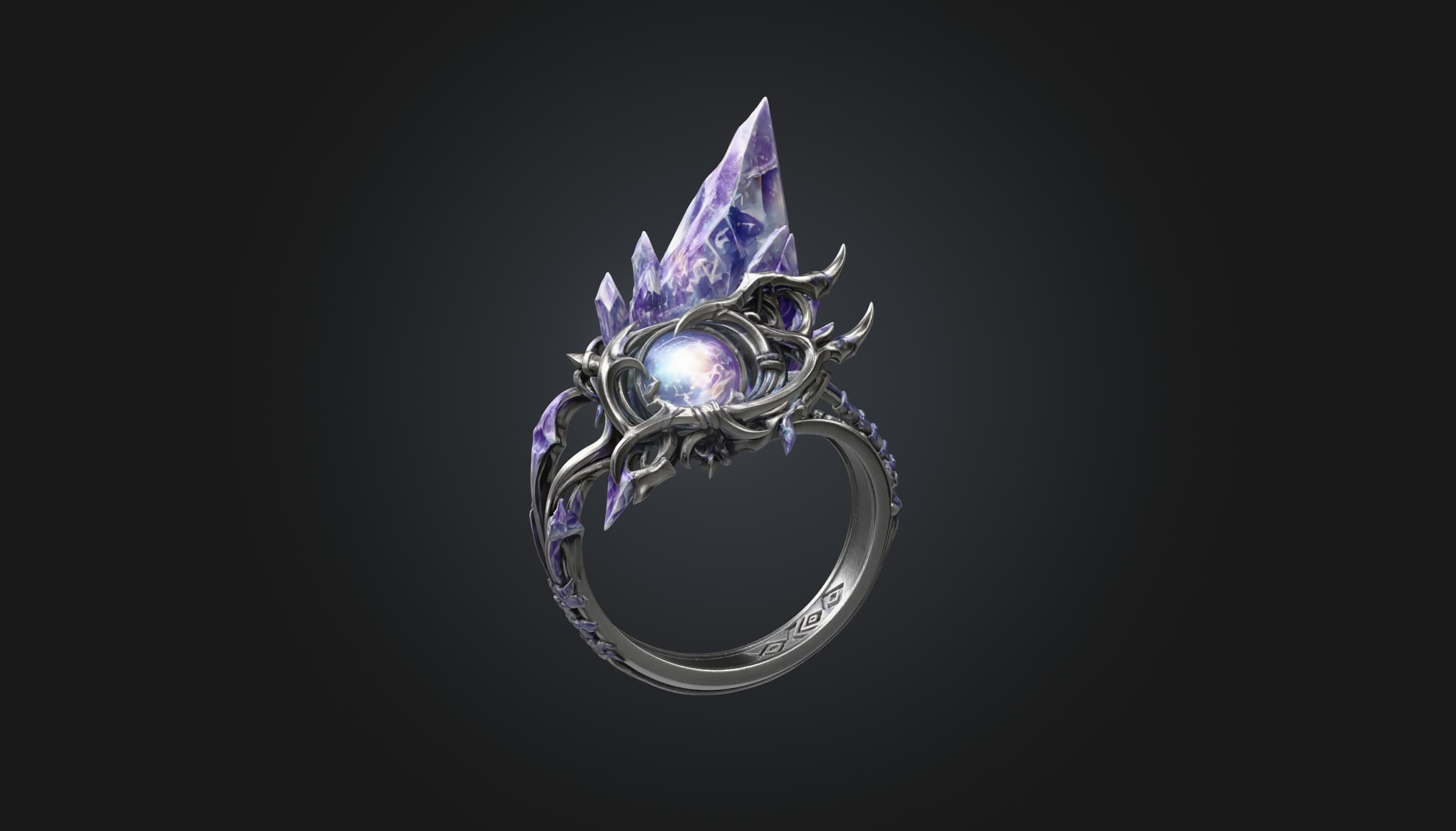 Front view of a silver ring crowned with violet crystals