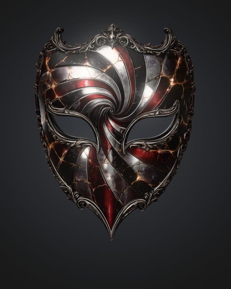 Front view of a black, silver, and red harlequin mask