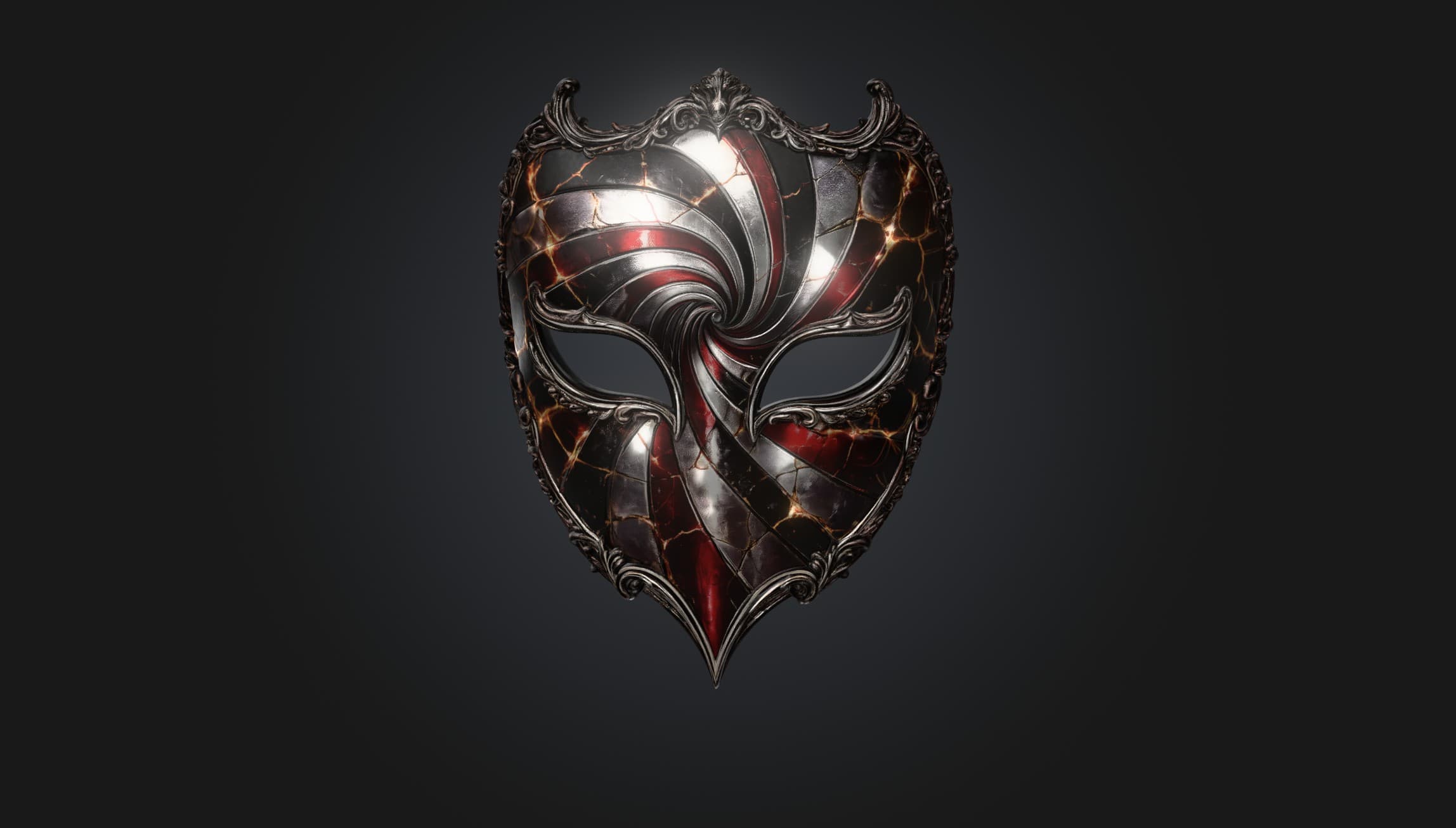 Front view of a black, silver, and red harlequin mask
