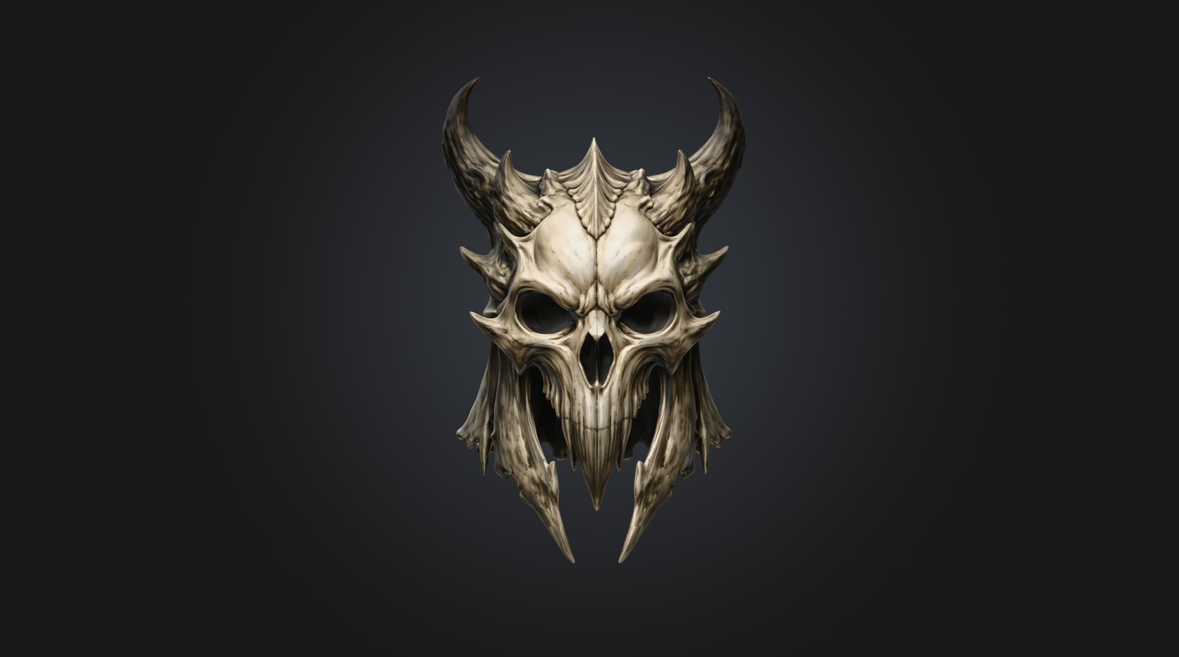Front view of a pale skull helmet with large swept horns