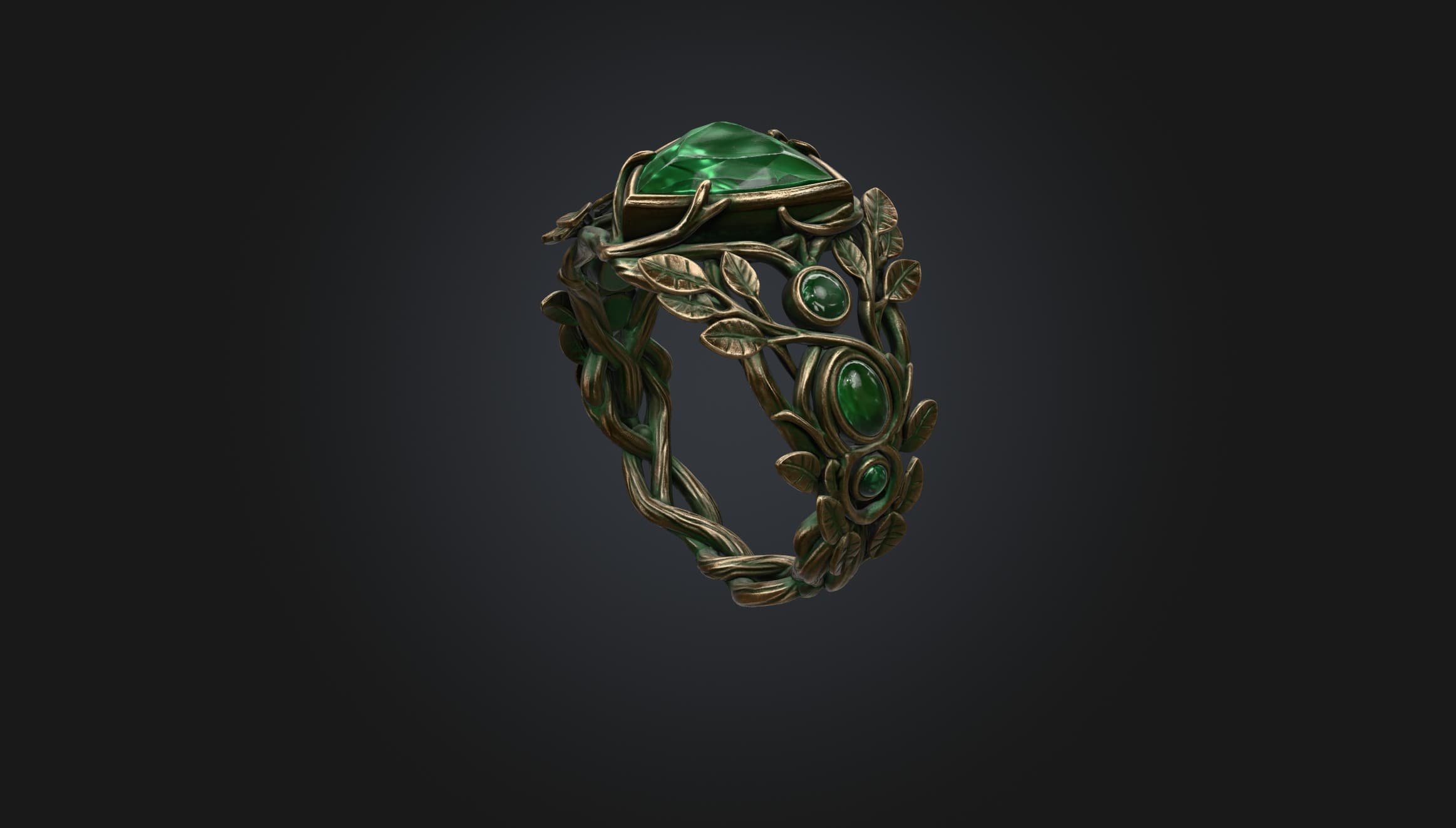 Front view of a bronze vine ring set with green gemstones