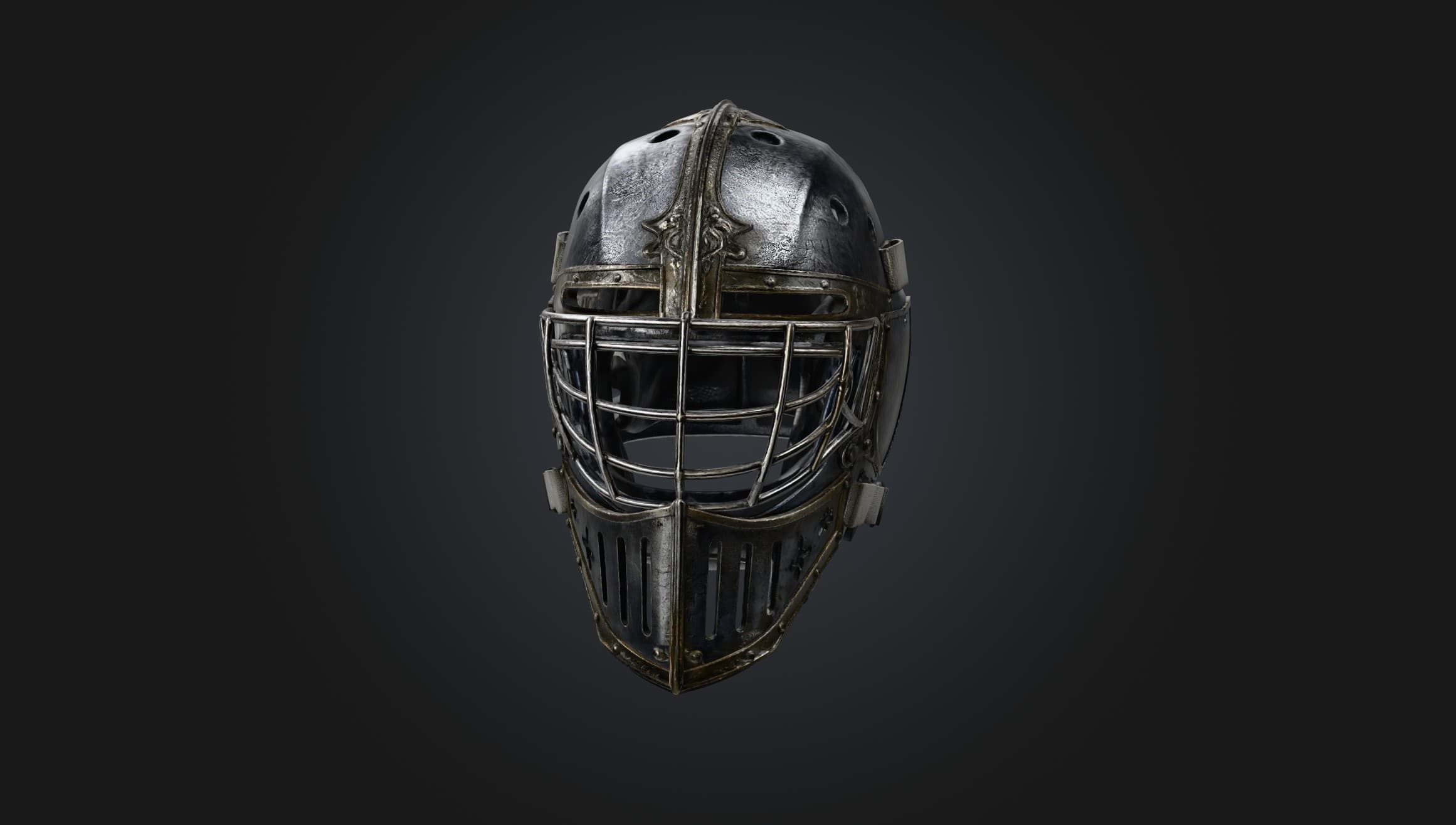 Front view of a worn steel helmet with a barred face cage