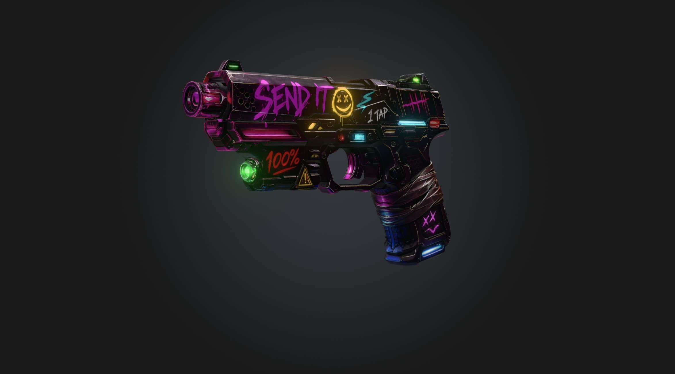 Side view of a black futuristic handgun with neon graffiti