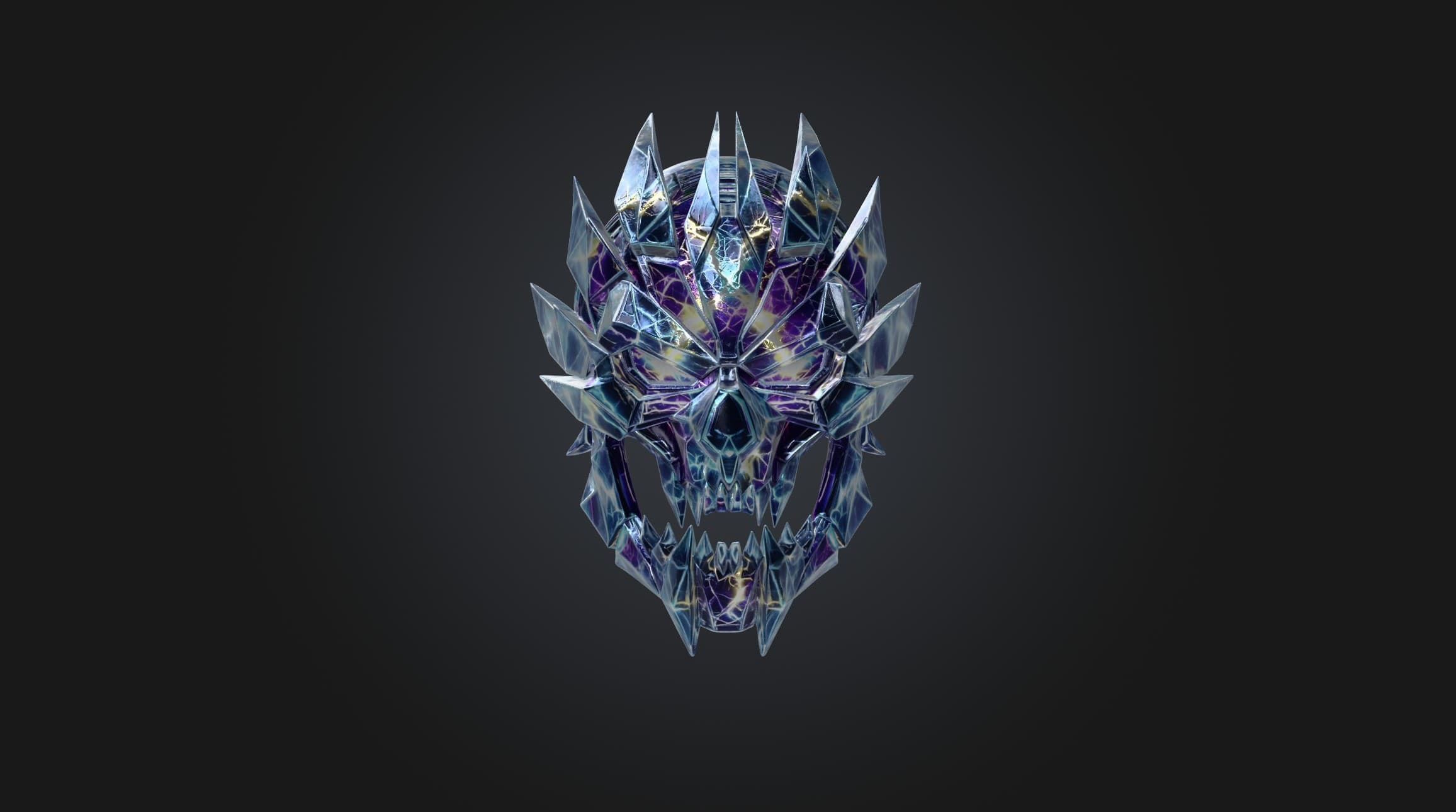 Front view of a violet and blue crystalline skull helm