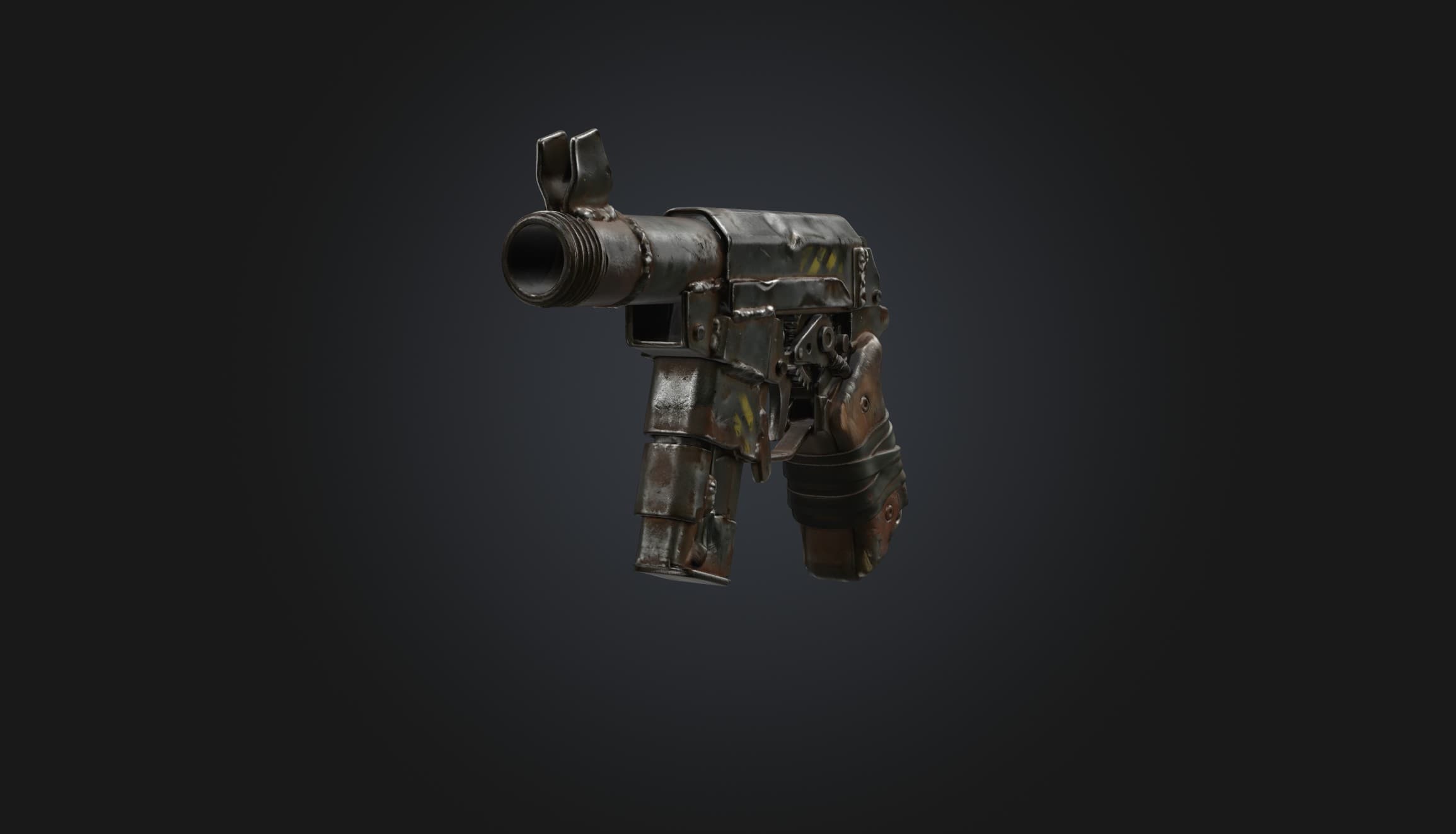 Front-side view of a compact firearm assembled from worn metal