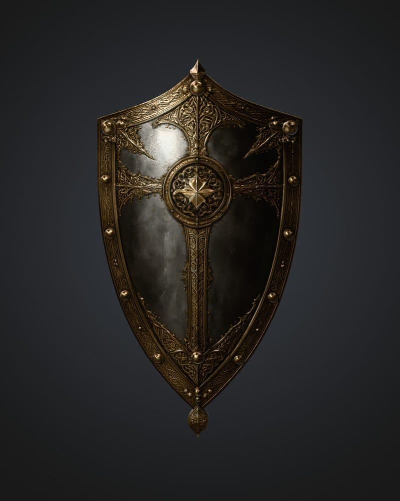 Front view of a dark pointed shield with gold ornament